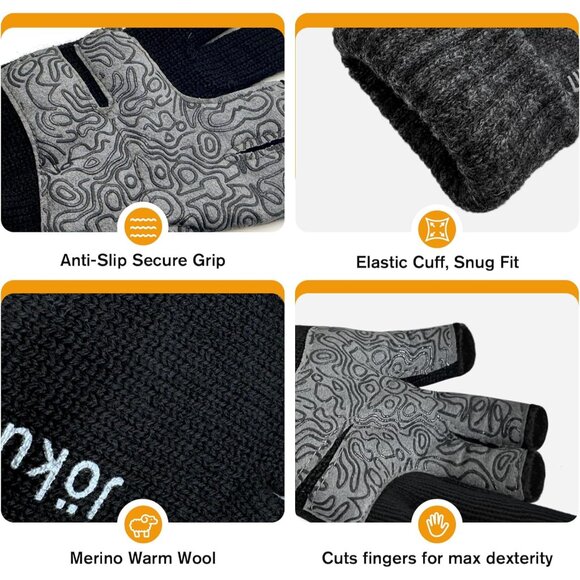 Merino Wool Gloves 3-Cut Fingers Warm Men Women Cold Weather Outdoor Gear - Picture 2 of 6